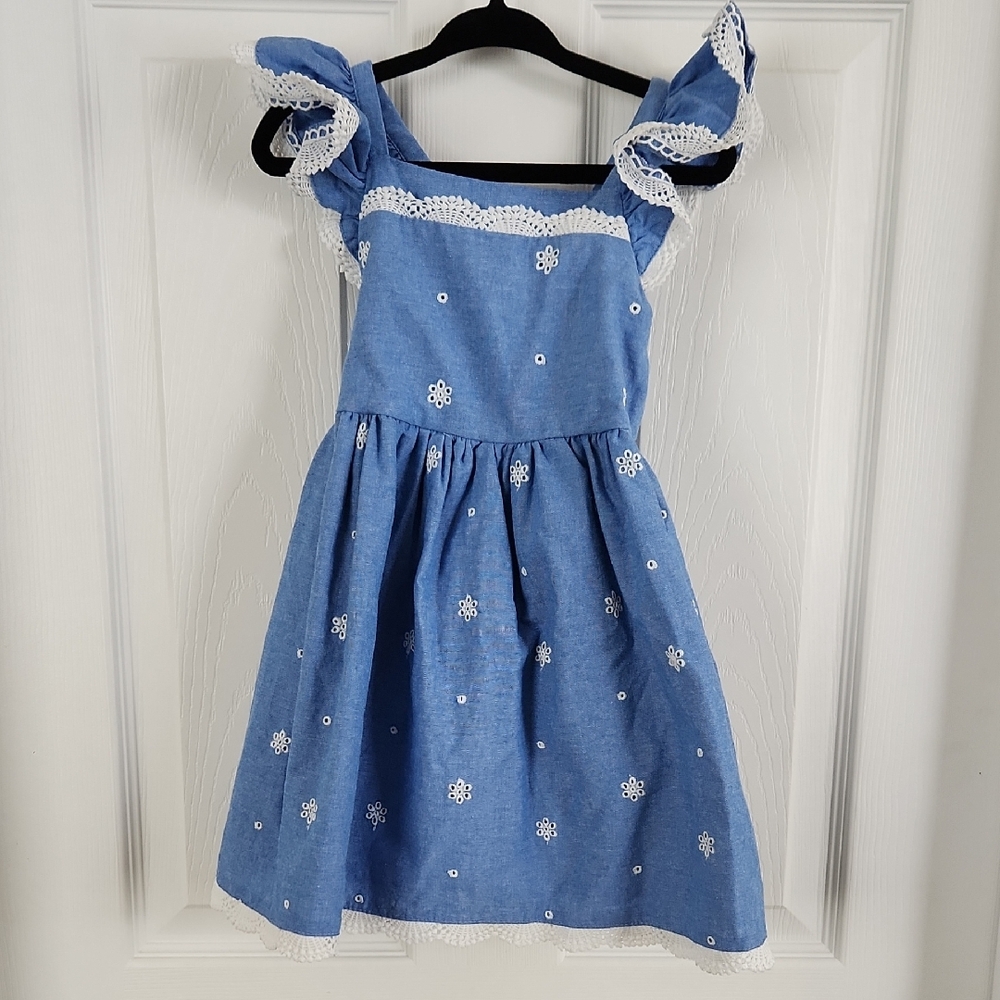 Blueberi Boulevard Denim Blue Dress with White Embroidery